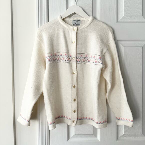 College Point Wintuk Orlon Acrylic Beige Cottagecore Floral Print Cardigan M USA - Picture 7 of 10